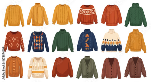 Vector Icons Set of A diverse collection of warm knitted sweaters and cardigans for cold weather. EPS Editable
