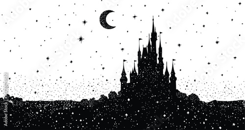 Majestic castle silhouette under a starry night sky with crescent moon and whimsical spires, evoking a magical fairytale atmosphere through detailed architecture and dreamy celestial elements.