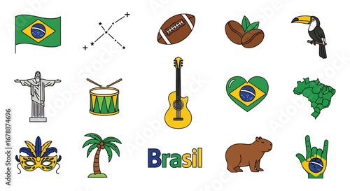 Vector Icons Set of A vibrant collection of hand drawn icons representing Brazilian culture and national symbols. EPS Editable