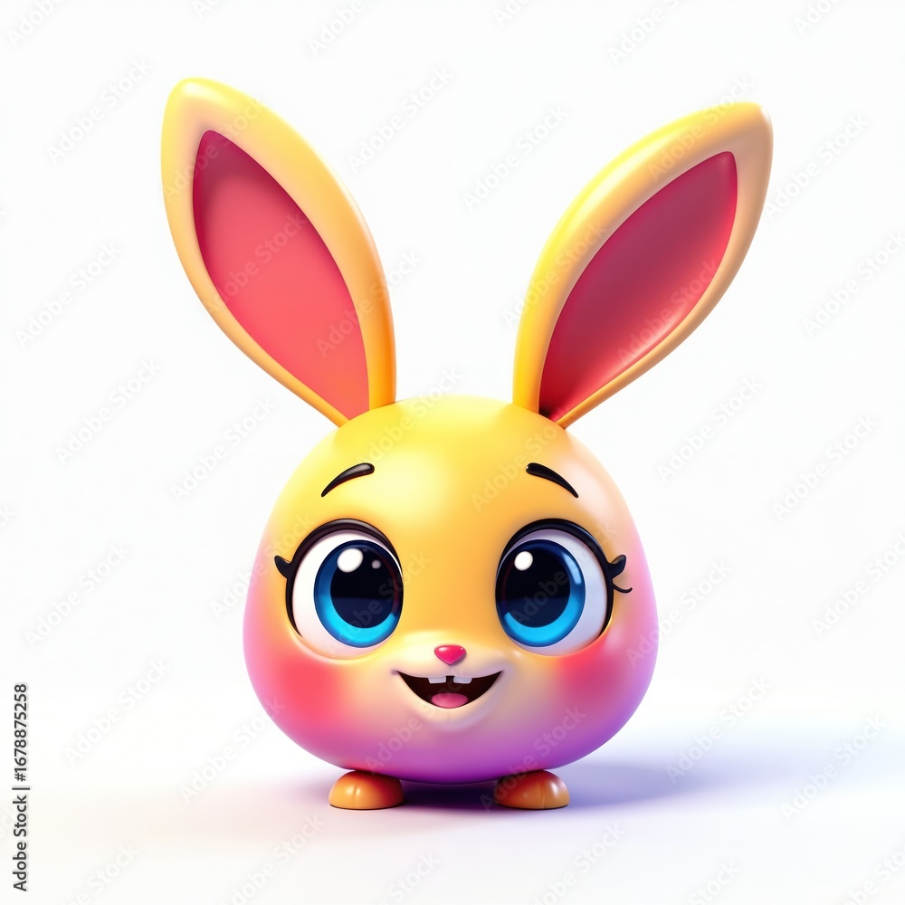 Obraz premium Vibrant cartoon bunny character, large expressive eyes, oversized ears. Pastel colors, gradient design. Suitable for children animation, merchandise, toys. Playful, joyful, friendly animal