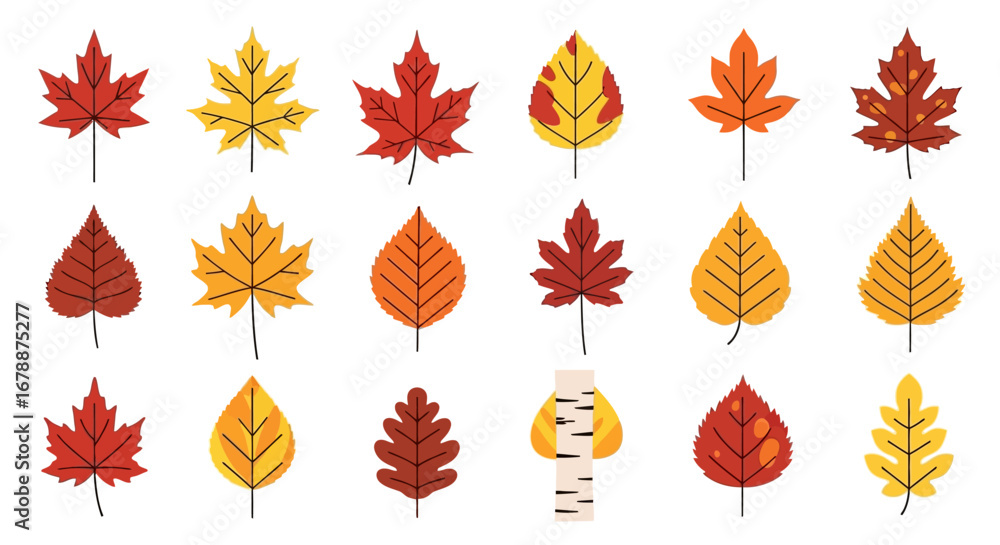 Obraz premium Vector Icons Set of Collection of colorful autumn leaves in various shapes and sizes. EPS Editable