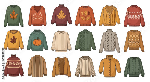 Vector Icons Set of Collection of Cozy Autumn Sweaters with Fall Themed Designs. EPS Editable