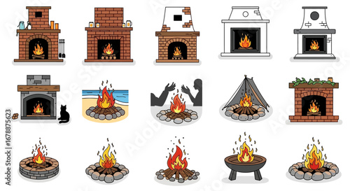 Vector Icons Set of Collection of Indoor Fireplaces and Outdoor Campfires Illustrations. EPS Editable