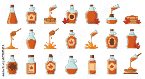 Vector Icons Set of Collection of Maple Syrup Bottles and Pouring Syrup on Pancakes Illustrations. EPS Editable