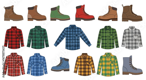 Vector Icons Set of Collection of lumberjack flannel plaid shirts and work boots. EPS Editable