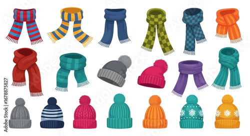 Vector Icons Set of Colorful Collection of Knitted Winter Hats and Scarves Isolated on White Background. EPS Editable