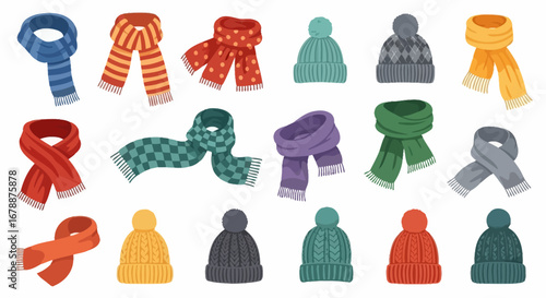 Vector Icons Set of Colorful collection of knitted winter hats and scarves vector illustration. EPS Editable