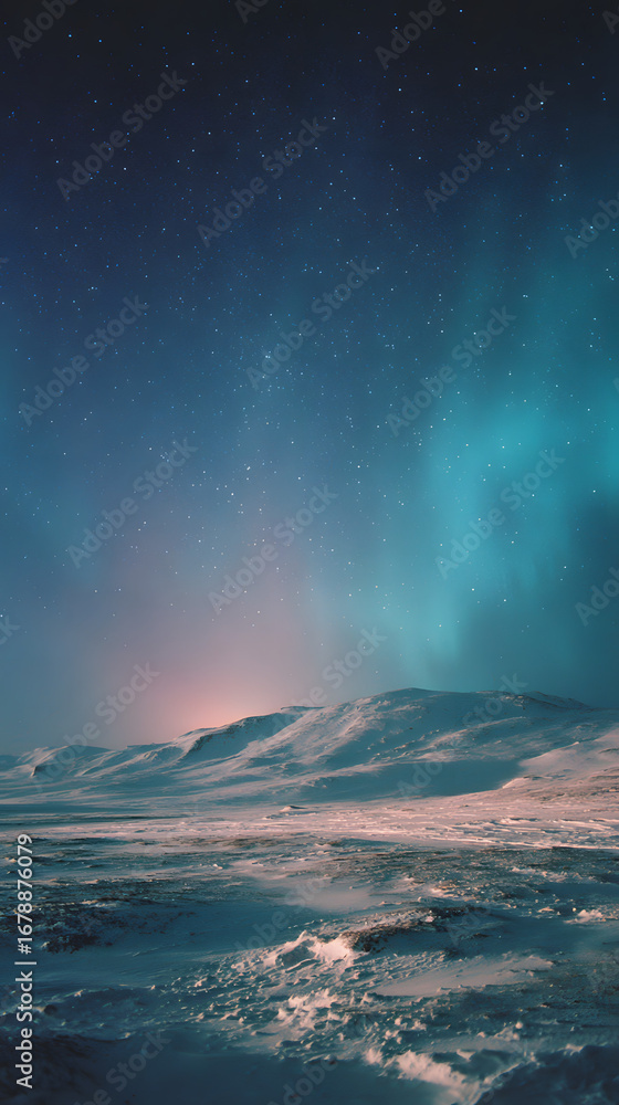 Naklejka premium Stunning aurora above ocean, vibrant colors illuminating the sky, tranquil waters reflecting the spectacle, perfect for nature themes.