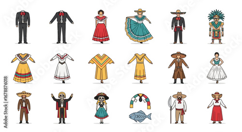 Vector Icons Set of Colorful Vector Illustrations of Traditional Mexican National Costumes for Men and Women. EPS Editable