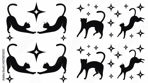 Playful black cats stretching and leaping amidst sparkling stars create a whimsical, charming scene