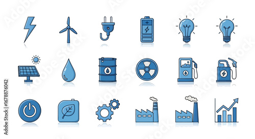 Vector Icons Set of Comprehensive blue icon set for energy sources and industrial themes. EPS Editable