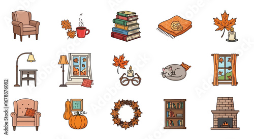 Vector Icons Set of Cozy autumn home interior elements hand drawn illustration set. EPS Editable