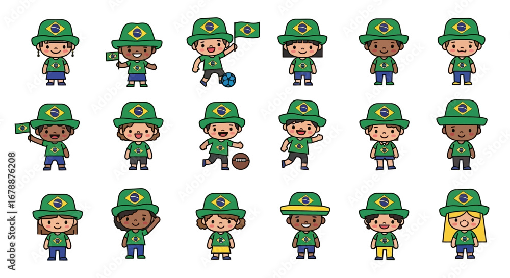 Fototapeta premium Vector Icons Set of Cute Brazilian soccer supporter characters collection in green uniforms. EPS Editable