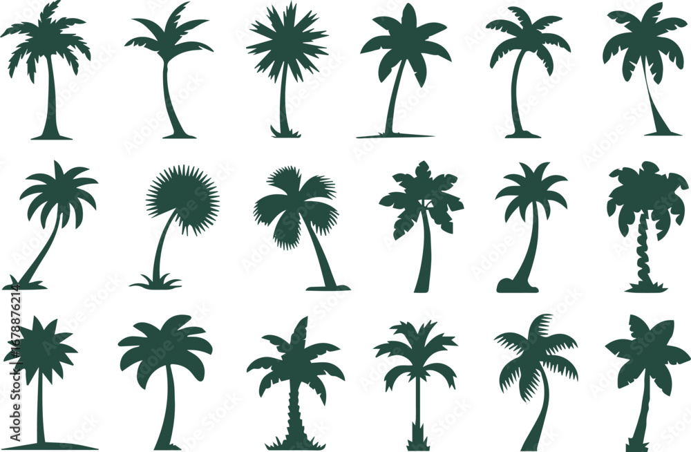Fototapeta premium stylized palm tree silhouettes grid tropical vector botanical shapes ai eps jpeg png clipart set editable design