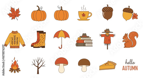 Vector Icons Set of Cute autumn season elements collection flat vector illustration set. EPS Editable