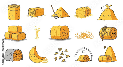 Vector Icons Set of Cute cartoon hay bale and haystack character illustration set. EPS Editable