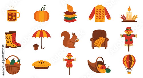 Vector Icons Set of Cozy Autumn Season Elements Collection Vector Illustration Set. EPS Editable