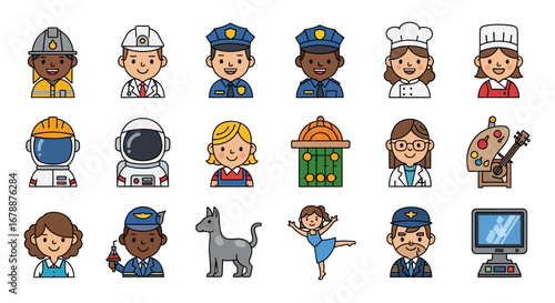 Vector Icons Set of Diverse collection of cute cartoon character icons representing various professions. EPS Editable