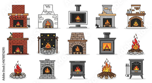 Vector Icons Set of Diverse Collection of Fireplaces Stoves and Campfires Vector Set. EPS Editable