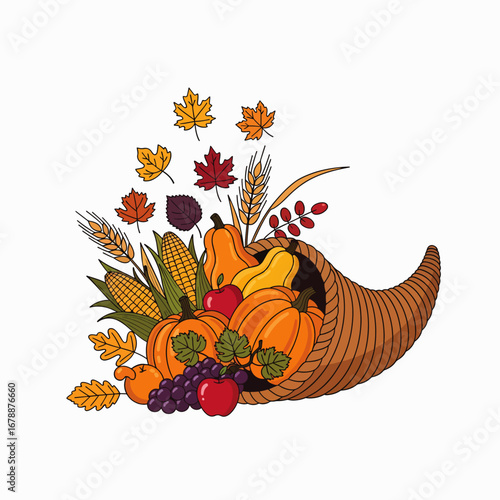 Abundant Autumn Harvest Cornucopia Filled With Seasonal Produce And Fall Leaves