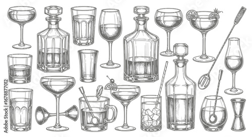 Vector Icons Set of Hand drawn sketch set of barware glasses decanters and cocktail tools. EPS Editable