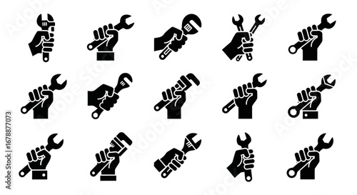 Vector Icons Set of Hand holding wrench icon set black silhouette vector illustration. EPS Editable
