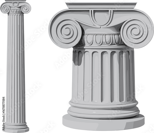 Ancient classical Ionic column architecture, Greek style stone pillar, detailed capital and fluted shaft
