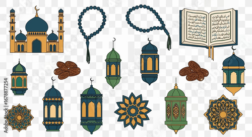 Vector Icons Set of Islamic Ramadan Kareem vector icon set with mosque Quran and lanterns. EPS Editable