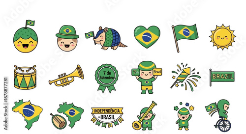 Vector Icons Set of Kawaii Brazil Independence Day Vector Icon Collection Set. EPS Editable