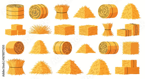 Vector Icons Set of Set of cartoon hay bales haystacks and sheaves vector illustration. EPS Editable