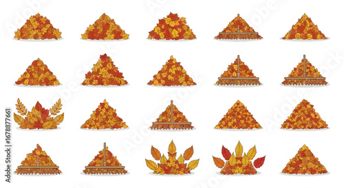 Vector Icons Set of Set of colorful autumn leaf piles in flat cartoon style collection of fallen leaves heaps isolated on white background. EPS Editable