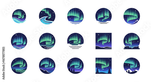 Vector Icons Set of Set of modern vector icons and logos depicting the Aurora Borealis or Northern Lights over various landscapes. EPS Editable