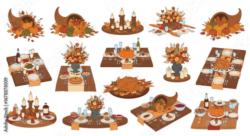 Vector Icons Set of Set of Thanksgiving Dinner Tables with Turkey and Autumn Decorations. EPS Editable