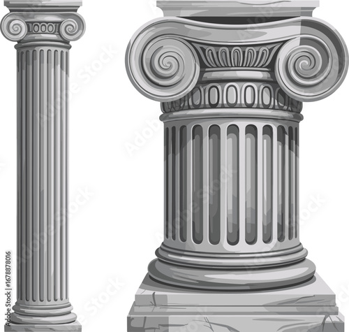 Ancient classical Ionic column with marble texture, Greek style stone pillar, detailed capital and fluted shaft, historic architectural design, vertical stone column, architectural heritage