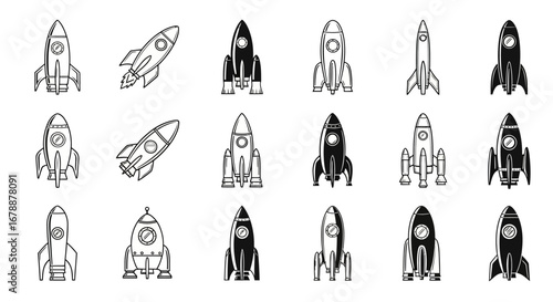 Vector Icons Set of Set of various rocket ship icons in outline and silhouette style. EPS Editable