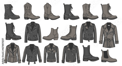 Vector Icons Set of Vector set of hand drawn leather jackets and boots collection isolated on white background. EPS Editable