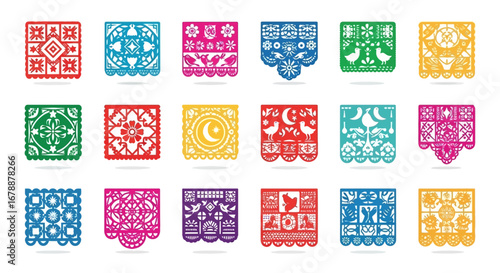 Vector Icons Set of Vibrant Papel Picado Cut Paper Art for Mexican Celebrations. EPS Editable