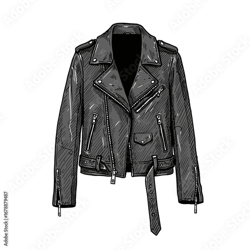 Black leather biker jacket with zippers and belt detail  black and white sketch style vector illustration on transparent background