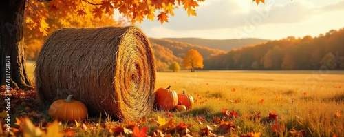 Rustic autumnal scene featuring a bountiful pile of golden hay bales, perfect for a Thanksgiving harvest theme Ideal for fall, autumnal, or Thanksgiving-themed projects , golden, autumn
