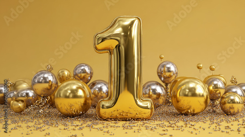 Happy 1th Birthday golden Greeting Background. Festive Celebration Number Decoration. Only the number 1, without inscriptions.