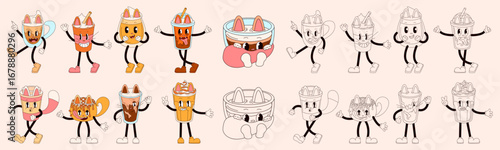 Cartoon style beverage groovy character with cute face, arm and leg shown in both colored and black and white outline versions for coloring or design purposes.