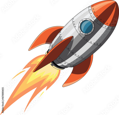 Cartoon rocket flying with bright flames, space shuttle illustration, colorful rocket ship design, futuristic spaceship launch, science technology, aerospace vehicle, space exploration concept