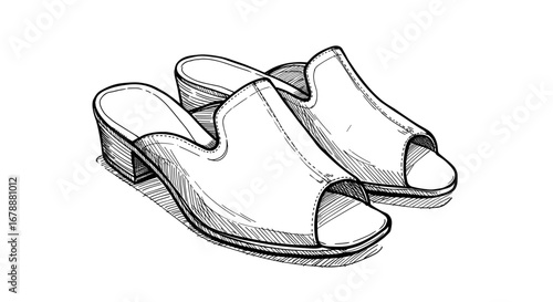 Open-toed heeled mules in minimalist design with simple lines black and white sketch style vector illustration on transparent background