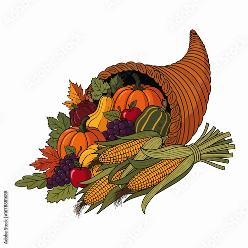 Abundant Harvest Cornucopia Filled With Autumn Fruits and Vegetables