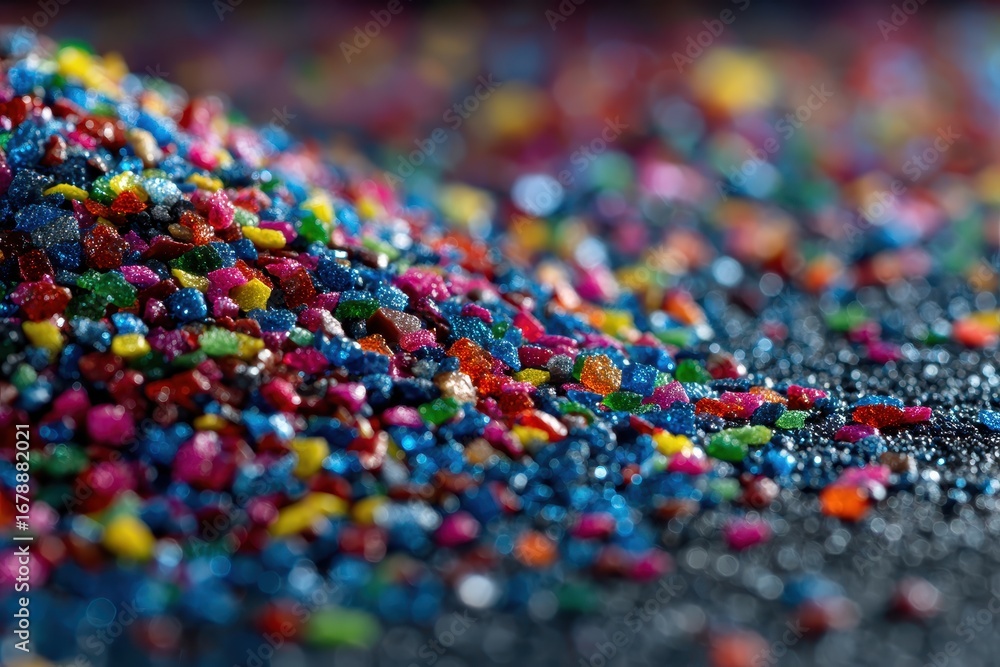 Fototapeta premium Close-up of colorful shiny sugar crystals on a dark speckled surface. Ideal for backgrounds, candy concepts, and abstract designs projects.