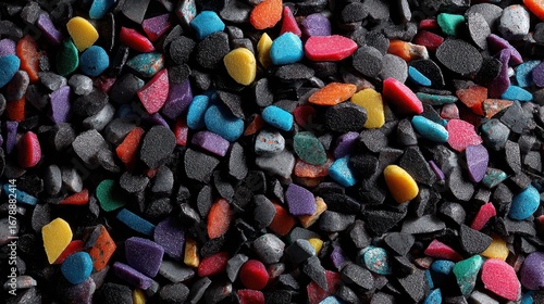 Pile of black plastic regrind mixed with colorful recycled bits. It showcases recycling and eco-friendly ideas, or arts, crafts.