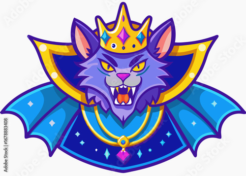 King Cat Cartoon Mascot Illustration, Ferocious Feline Monarch with Golden Crown and Royal Cape, Fantasy Creature Design