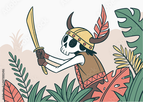 Cartoon Skeleton Warrior in a Jungle Ambush, Wielding Sword and Prepared for Battle, Illustrated Fantasy