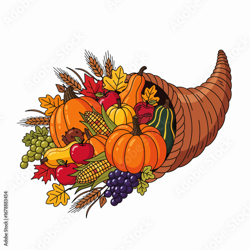 Abundant Harvest Cornucopia Filled With Autumn Fruits and Vegetables