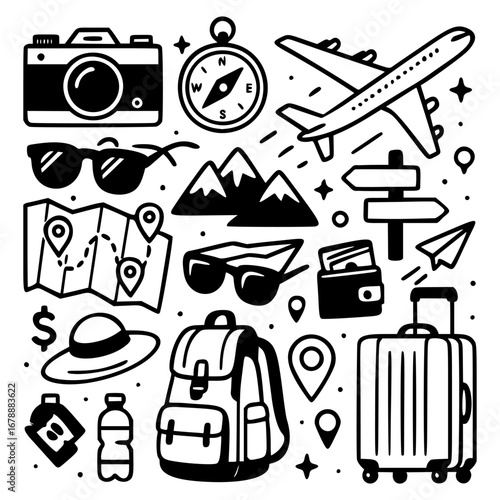 High quality black and white travel icon vector set featuring a variety of hand-drawn elements including camera, compass, airplane, sunglasses, map, mountains, signposts, backpack, suitcase, passport
